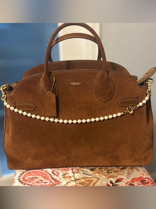 Coach Handbags - Coach Soft Empire Carryall Bag 40 in Brown Suede Satchel with Pearl Accent Strap